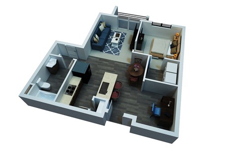 a 3d floor plan of a house with a bedroom and a living room